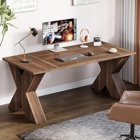 OfficeIn 63" Executive Desk – Large Office Computer Desk with X-Shaped Thickened Wood Pedestal Base, Modern Workstation Writing Table & Conference Table for Home Office