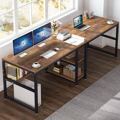 OfficeIn Two-Person Desk with Bookshelf – 78.7” Double Workstation for Home & Office