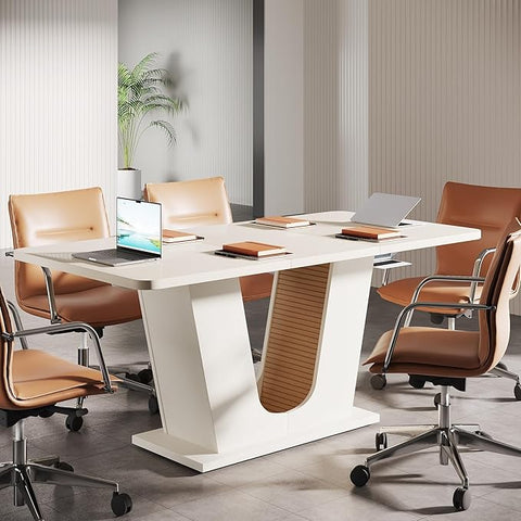 OfficeIn 55" Modern Conference Table – Rectangular Meeting Table for 4-6 People, Cream White