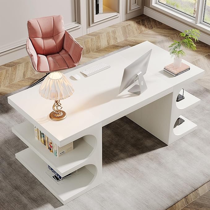 OfficeIn 62” Executive Desk – Large Home Office Computer Desk with Storage Shelves, Modern Workstation & Study Table, White