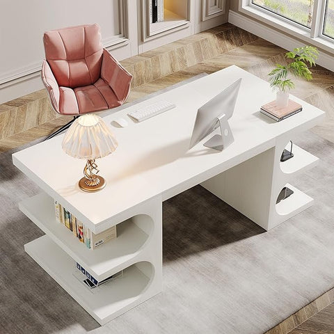 OfficeIn 62” Executive Desk – Large Home Office Computer Desk with Storage Shelves, Modern Workstation & Study Table, White