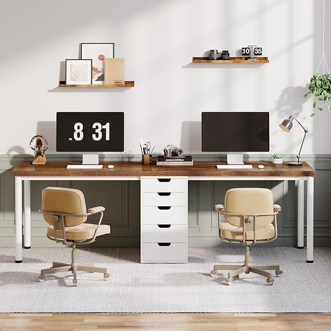Extra Long Double Computer Desk – Two-Person Workstation with 5 Drawers, Modern Home Office Study Writing Table (Brown/White)