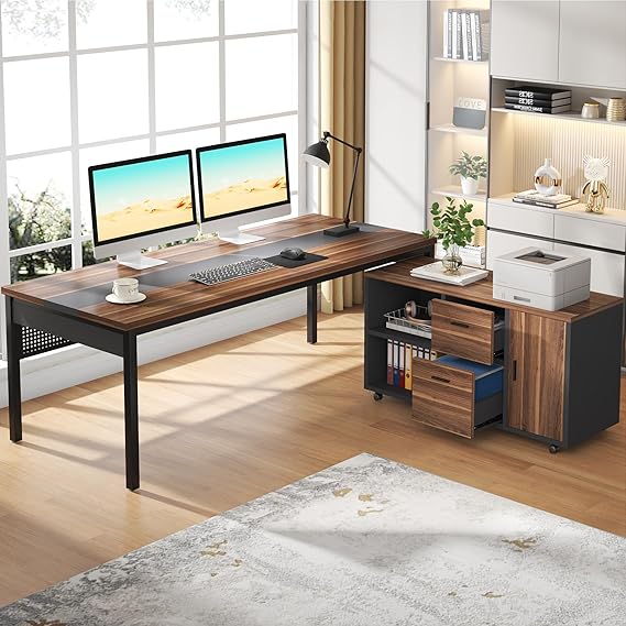 L-Shaped Executive Desk with 55" File Cabinet – Large Home Office Desk with Storage, Walnut & White Finish, Spacious Workstation with Drawers