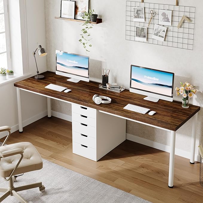 Extra Long Double Computer Desk – Two-Person Workstation with 5 Drawers, Modern Home Office Study Writing Table (Brown/White)
