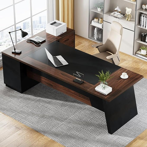 OfficeIn 78" L-Shaped Executive Desk – Large Office Desk with Drawers, File Cabinet & Storage, Walnut & Black
