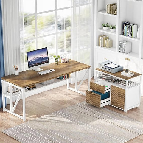 OfficeIn 63" L-Shaped Executive Desk & File Cabinet – 2-Piece Home Office Set, Walnut