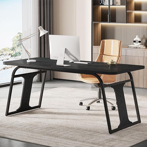 OfficeIn 63” Modern Executive Desk – Large Home Office Computer Desk with Sturdy Metal Legs, Wooden Writing Table Workstation, Black