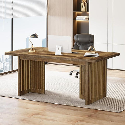 OfficeIn 63” Executive Desk – Large Computer Desk with Sturdy Wood Legs & Thick Tabletop, Mid-Century Modern Writing Table Workstation for Home Office, Rustic Brown