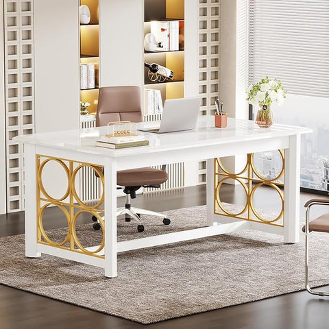 OfficeIn 63" Conference Table – Rectangular Meeting Table with Sturdy Gold Legs & Glossy Surface, Seminar Table for Office & Conference Room, White & Gold