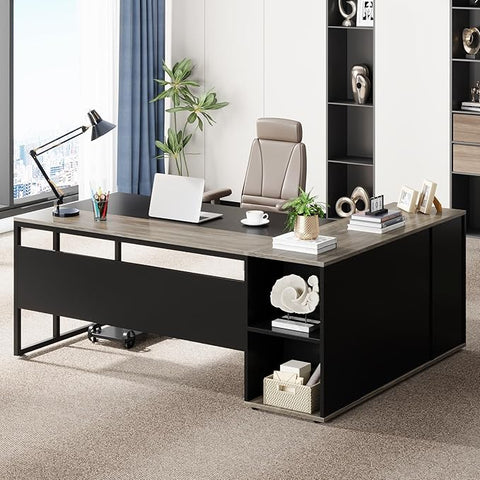 OfficeIn 71" L-Shaped Executive Desk with Cabinet Storage – Business Office Table with Shelves, Modern Workstation for Home Office, Gray