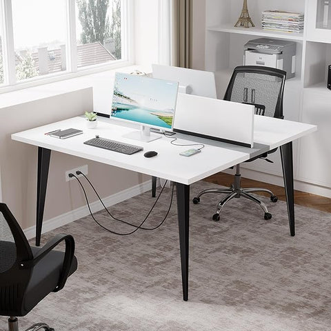 OfficeIn 47” Square Office Desk with Power Outlet – Modern 2-Person Desk with Tabletop Divider for Home Office, White