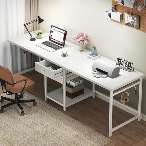 OfficeIn 79” Extra Long Double Desk – Two-Person Computer Desk with 2 Drawers & Storage Shelves, Spacious Workstation for Home Office & Study (White)