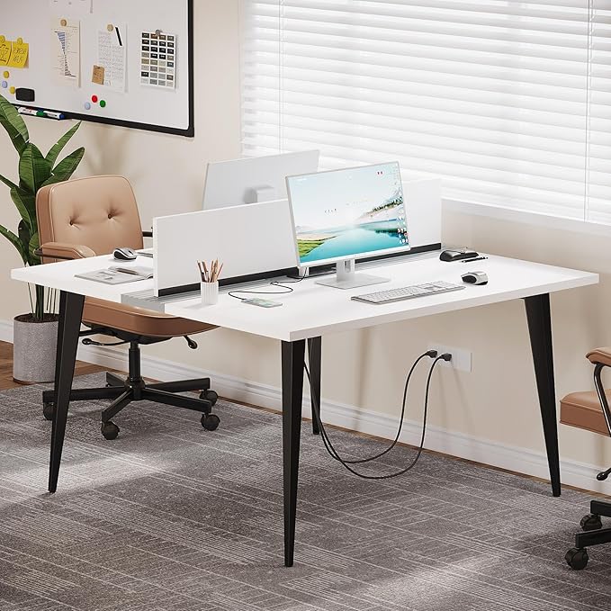 OfficeIn 47” Square Office Desk with Power Outlet – Modern 2-Person Desk with Tabletop Divider for Home Office, White