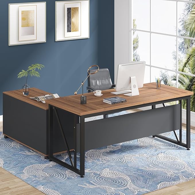 OfficeIn 63” Executive Desk & 47” Lateral File Cabinet – L-Shaped Home Office Desk with Drawers & Storage Shelves, Business Furniture, Brown & Black