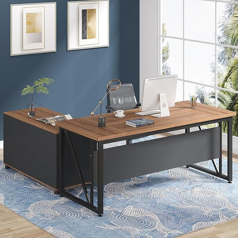 OfficeIn 63” Executive Desk & 47” Lateral File Cabinet – L-Shaped Home Office Desk with Drawers & Storage Shelves, Business Furniture, Brown & Black