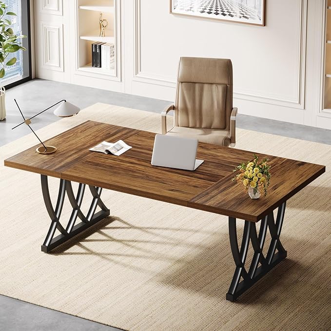 OfficeIn 70.86" Executive Desk – Large Home Office Workstation with Sturdy Metal Frame, Retro Brown & Black