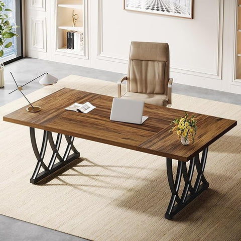 OfficeIn 70.86" Executive Desk – Large Home Office Workstation with Sturdy Metal Frame, Retro Brown & Black