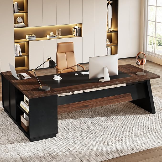 OfficeIn 78" L-Shaped Executive Desk – Large Office Desk with Drawers, File Cabinet & Storage, Walnut & Black