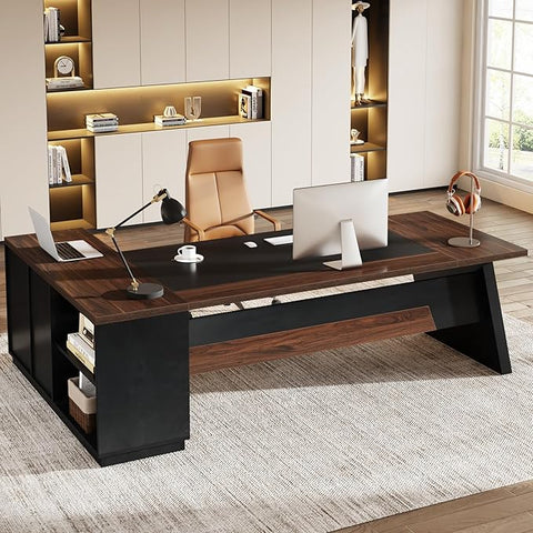 OfficeIn 78" L-Shaped Executive Desk – Large Office Desk with Drawers, File Cabinet & Storage, Walnut & Black