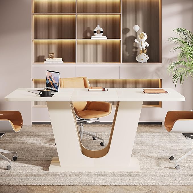 OfficeIn 55" Modern Conference Table – Rectangular Meeting Table for 4-6 People, Cream White