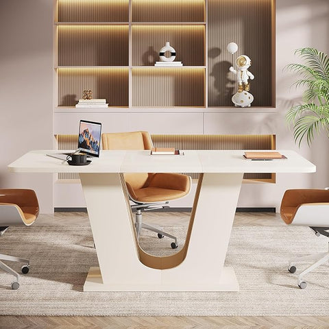 OfficeIn 55" Modern Conference Table – Rectangular Meeting Table for 4-6 People, Cream White