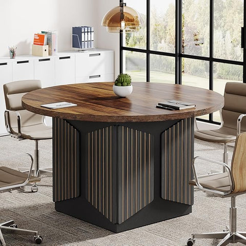 OfficeIn 47" Round Conference Table – Modern Meeting Table for 4, Small Business & Office Use (Brown & Black)