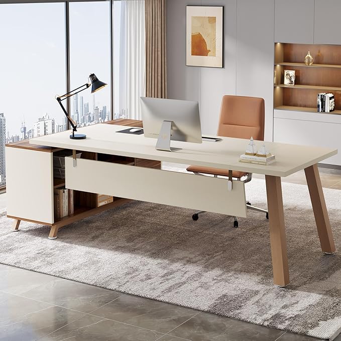 OfficeIn 71” L-Shaped Executive Desk with 55” Cabinet – Large Office Desk with Storage Shelves, Modern Computer Desk for Home Office, Walnut & White
