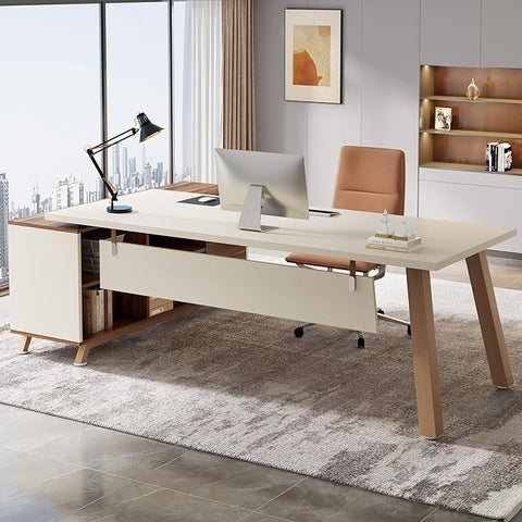 OfficeIn 71” L-Shaped Executive Desk with 55” Cabinet – Large Office Desk with Storage Shelves, Modern Computer Desk for Home Office, Walnut & White
