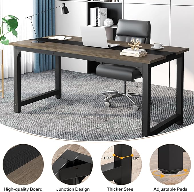 OfficeIn 70.8” Executive Desk – Large Home Office Workstation, Thick Frame, Vintage Grey/Black