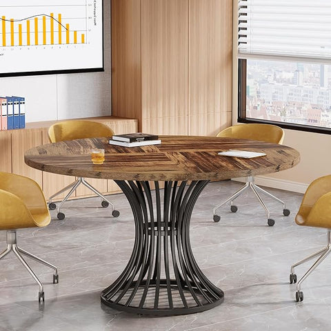 Round Conference Table – Industrial Office Meeting Table for 4–6 People with Rustic Wood Top & Metal Base