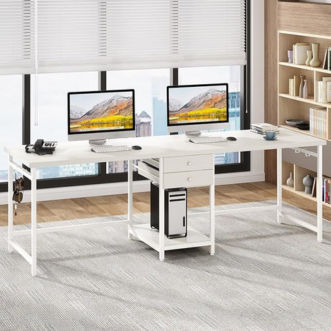 OfficeIn 78.74” Two-Person Desk with Drawers & Shelves – Extra Long Double Computer Desk, Industrial Workstation for Home Office & Gaming (White)