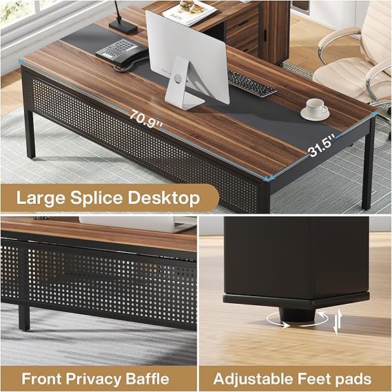 OfficeIn 70.8" L-Shaped Executive Desk & 47" File Cabinet – 2-Piece Home Office Workstation with Drawers & Shelves, Walnut