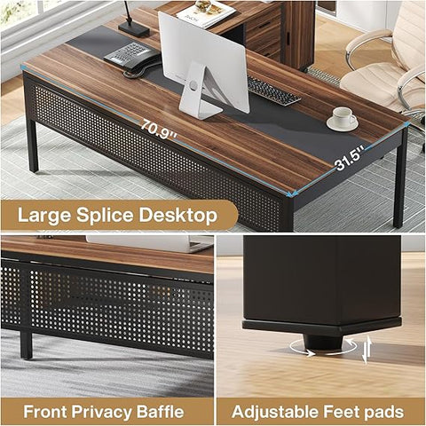 OfficeIn 70.8" L-Shaped Executive Desk & 47" File Cabinet – 2-Piece Home Office Workstation with Drawers & Shelves, Walnut