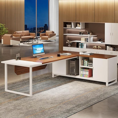 OfficeIn 70.8" L-Shaped Executive Desk with 55" File Cabinet – Modern Walnut & White Home Office Desk with Storage