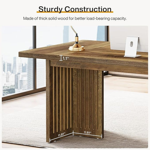 OfficeIn 63” Executive Desk – Large Computer Desk with Sturdy Wood Legs & Thick Tabletop, Mid-Century Modern Writing Table Workstation for Home Office, Rustic Brown