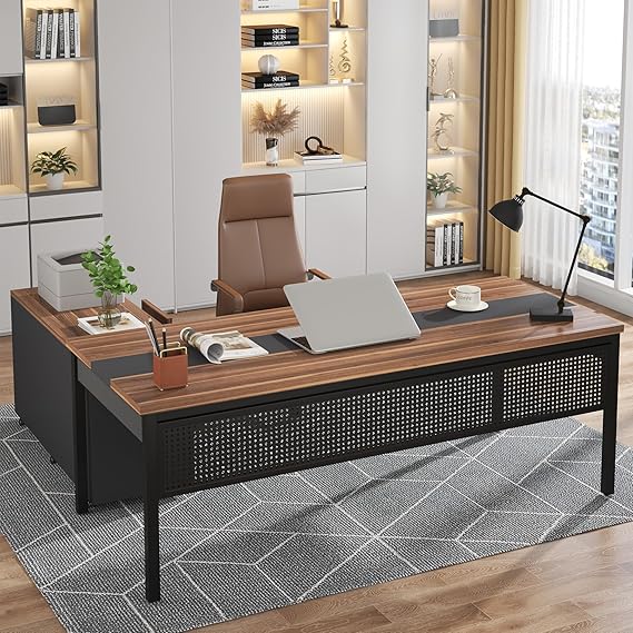 OfficeIn 70.8" L-Shaped Executive Desk & 47" File Cabinet – 2-Piece Home Office Workstation with Drawers & Shelves, Walnut