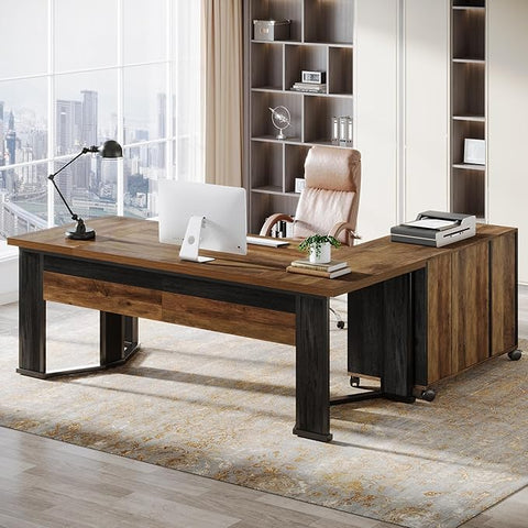 OfficeIn 70.86” L-Shaped Executive Desk with Mobile File Cabinet – Large Office Desk with Drawers & Storage Shelves, Business Workstation for Home Office, Brown & Black