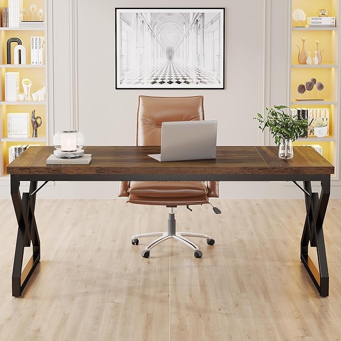 OfficeIn 63" Industrial Executive Desk – Heavy-Duty 300 lb Capacity, Vintage Brown & Black