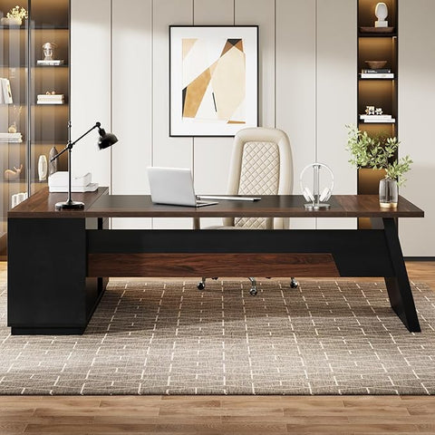 OfficeIn 78" L-Shaped Executive Desk – Large Office Desk with Drawers, File Cabinet & Storage, Walnut & Black