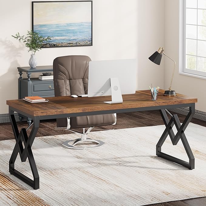 OfficeIn 63" Industrial Executive Desk – Heavy-Duty 300 lb Capacity, Vintage Brown & Black