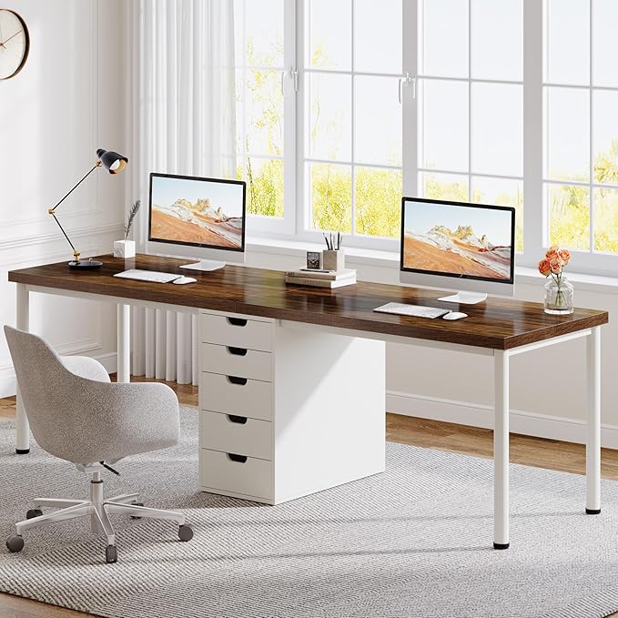 Extra Long Double Computer Desk – Two-Person Workstation with 5 Drawers, Modern Home Office Study Writing Table (Brown/White)