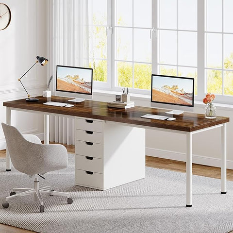 Extra Long Double Computer Desk – Two-Person Workstation with 5 Drawers, Modern Home Office Study Writing Table (Brown/White)