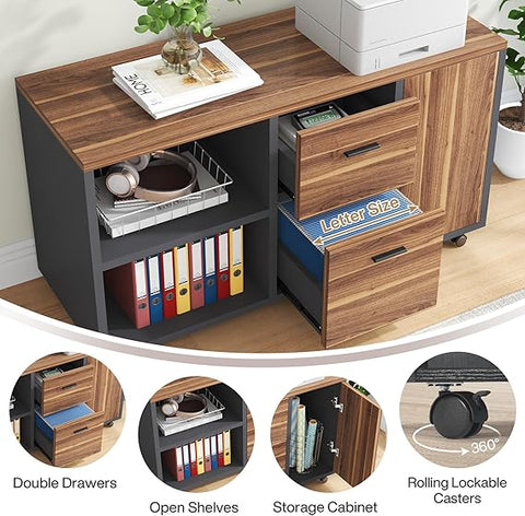 OfficeIn 70.8" L-Shaped Executive Desk & 47" File Cabinet – 2-Piece Home Office Workstation with Drawers & Shelves, Walnut