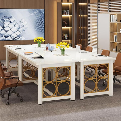 OfficeIn 63" Conference Table – Rectangular Meeting Table with Sturdy Gold Legs & Glossy Surface, Seminar Table for Office & Conference Room, White & Gold