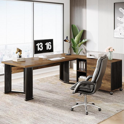 OfficeIn 70.86” L-Shaped Executive Desk with Mobile File Cabinet – Large Office Desk with Drawers & Storage Shelves, Business Workstation for Home Office, Brown & Black
