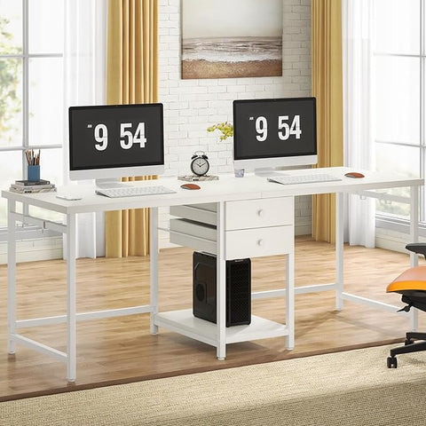OfficeIn 79” Extra Long Double Desk – Two-Person Computer Desk with 2 Drawers & Storage Shelves, Spacious Workstation for Home Office & Study (White)