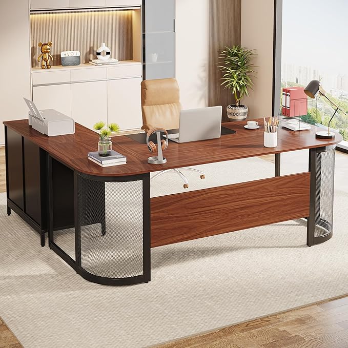 OfficeIn 63” L-Shaped Executive Desk & 31” File Cabinet – Home Office Desk with Drawer & Storage Shelves, Large Computer Workstation Business Furniture