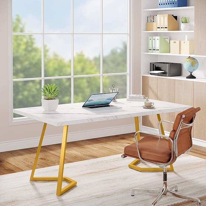 OfficeIn 55” Modern Gold Computer Desk – White & Gold Home Office Desk with Metal Legs, Faux Marble Writing Table for Small Spaces & Bedroom