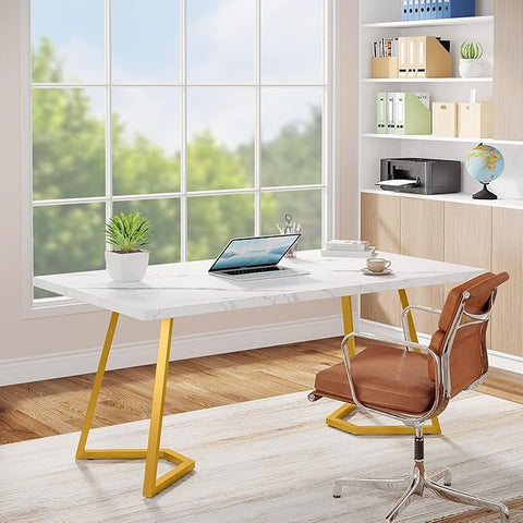 OfficeIn 55” Modern Gold Computer Desk – White & Gold Home Office Desk with Metal Legs, Faux Marble Writing Table for Small Spaces & Bedroom
