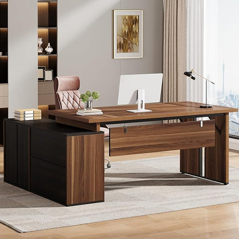 L-Shaped Executive Office Desk with Cabinet – Large Computer Desk with Locking Drawer & Storage Shelves | Business Workstation for Home Office